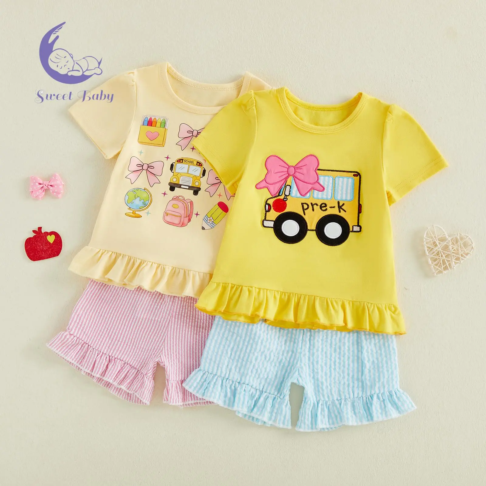 Toddler Girl 2-Piece Back to School Outfit Set, Short Sleeve Top with Bow & School Bus Embroidery, Elastic Waist Stripe Shorts