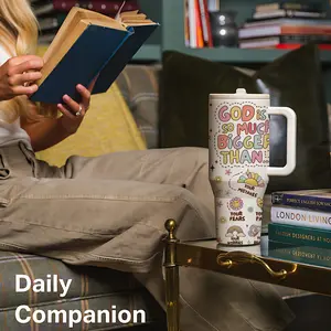 1pc 40oz Inspirational Tumbler, Flasks With Handle And Lid, "God Is So Much Bigger Than" Faith Quote Stainless Steel Insulated Travel Mug, Double Wall Vacuum Cup Keeps Drinks Cold 12H Hot 6H, Coffee Cup Gift For Women Moms Friends