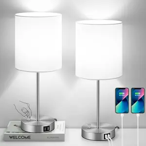 Set of 2 Table Lamps with USB Ports, White Bedside Lamps with AC Outlet, Modern Nightstand Lamps with Rotary , Minimalist Desk Lamp with Fabric Shade for Bedroom Living Room Office Reading