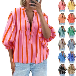 Tankaneo Womens Puff Sleeve Babydoll Tops Summer V Neck Striped Blouse Cute Casual Loose Fit Flowy Shirts