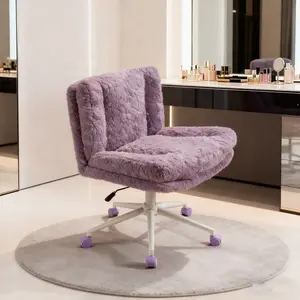 Purple/Cream Criss Cross Desk Chair with Wheels, Swivel Vanity Chair & Wide Armless Office Chairs with Adjustable Height, Cross Legged Chairs for Bedroom, Sherpa Artificial Rabbit Hair, Makeup Room