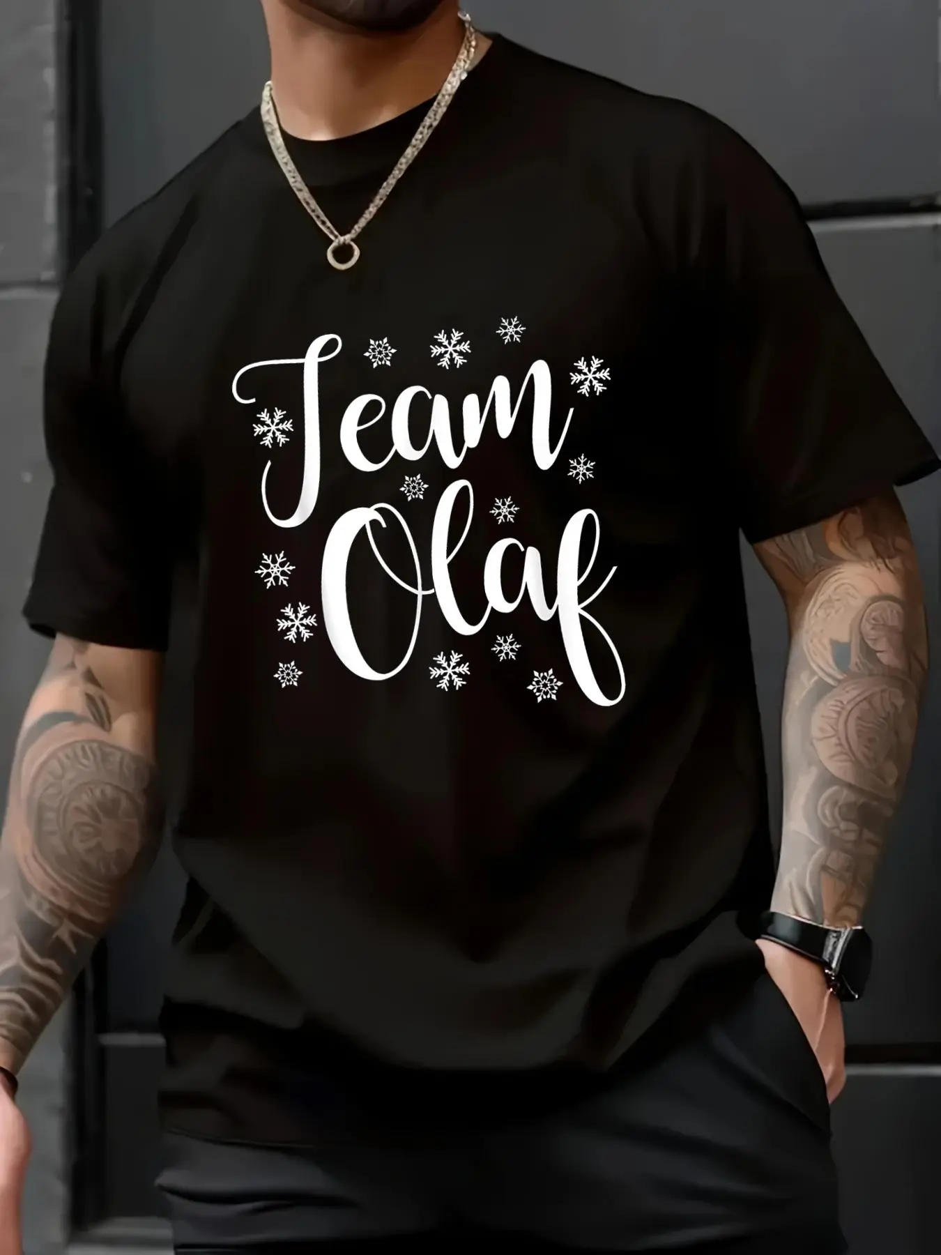 Men's Casual Christmas T-Shirt with Team Olaf Snowflake Print, Unisex 100% Cotton Shortsleeve Loose Fit Round Neck Tee