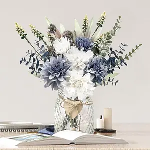 Der Rose Silk Artificial Navy Blue Decorative Flower Arrangement with Glass Vase, Home Decor Ornaments for Dining & Coffee Table Centerpieces
