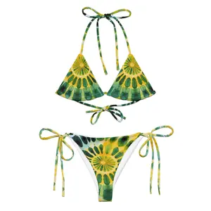 Green and Yellow Tie Dyed Pattern String Bikini - Comfortable Fit, Ideal for Summer Wear