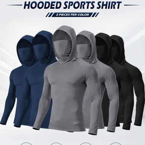Men’s 3/6-Pack Athletic Sports Hoodie Sets - High-Stretch Quick-Dry Breathable Sun-Protective, Long-Sleeve Face Mask Hood, Ideal for Running,Cycling, Black Hoodie Option, Versatile for Gym/Trail Use, Hoodies,outdoorfun