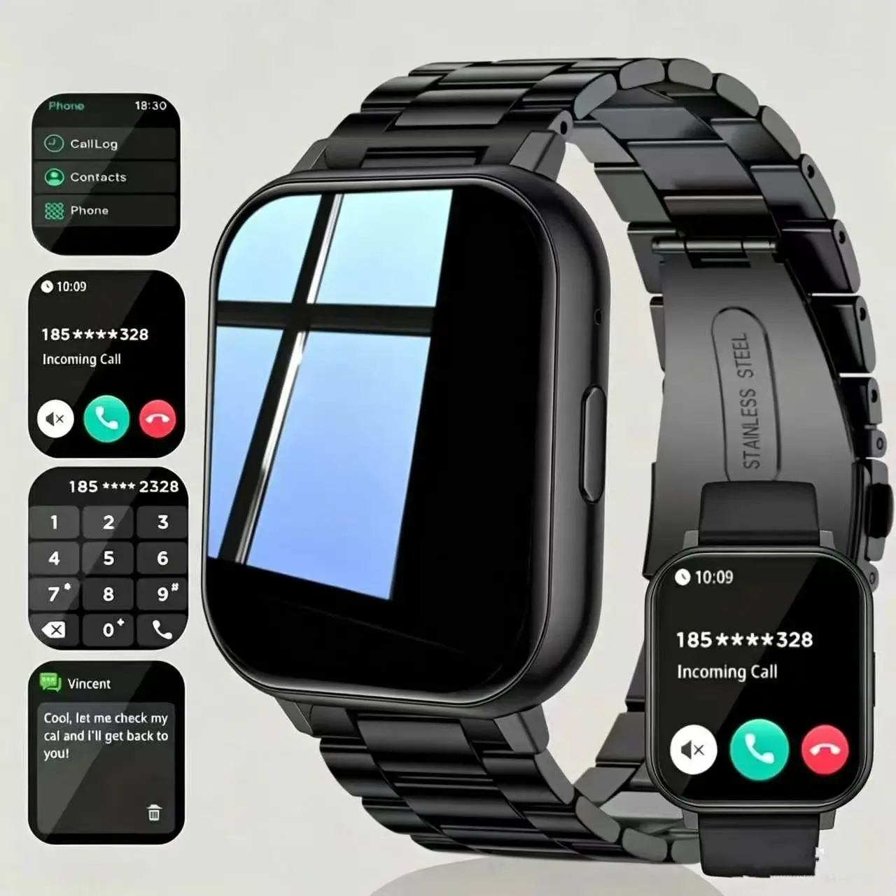 New Smartwatch with Bluetooth-compatible Calling, Multiple Sports Modes, Bluetooth-compatible 4.0, Stainless Steel Band, USB Charging, Compatible with iOS/android