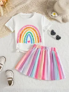 Girls Summer Rainbow Print T-Shirt and Ruffled Skirt Set, Casual Wear for Outdoor Activities, Fitted Style, All over Print, Casual Fashion Set, Summer Clothing Set