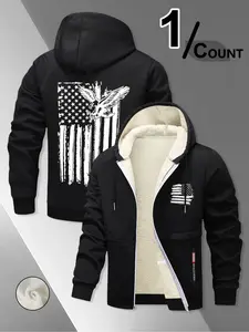 Patriotic Street Style Eagle Hoodie, Warm Sherpa Lined Jacket for Winter, Casual Fitted American Trendy Activewear for Daily Wear Tops