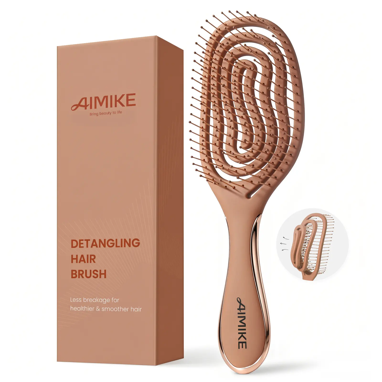 AIMIKE SpiraFlexi Hair Brush, Soft Bristles Vented Detangler Brush for Fine Fragile Hair, Gentle Detangling Hairbrush, Wet Dry Brushes for Women & Kids, Easy-clean & Flexible Spiral Frame-Velvet Mocha