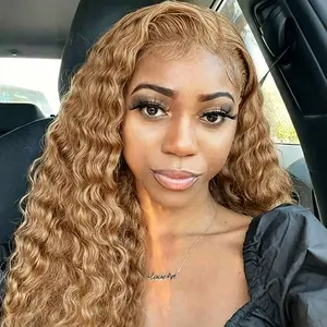 OQ HAIR #27 Colored Deep Wave Wig 13x4 Lace Front Human Hair Wigs Pre Plucked Lace Wig Natural Hairline Honey Blonde Pre-Colored Vacation Wigs