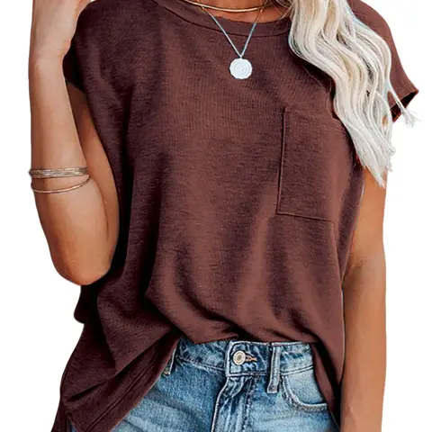 Women's Loose-Fit Sleeveless T-Shirt, Simple Solid Color Round Neck Slimming Top, Everyday Casual Fall Fashion with Pockets, Versatile Plain Surface Design