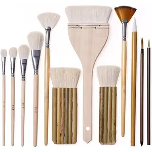 12 PCS Pottery Glaze Brushes Set with Goat Hair & Hake Brush Professional Soft Bristle for Ceramic Pottery Clay Acrylic Painting