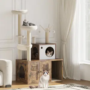 Space-Saving Modern Wooden Cat Tree with Hidden Litter Box Cabinet & Barn Door Design, Featuring Scratching Posts, Interactive Teaser Sticks, Comfortable Perch & Storage Basket, Multifunctional Cat Condo Furniture for Indoor Cats