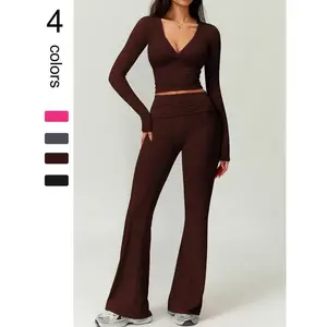 Women's Solid Deep V Neck Long Sleeve Tee & Waist  Flared Flare Leg Pants Tracksuit Activewear Set, Jogging Suit Set, Comfortable Sporty