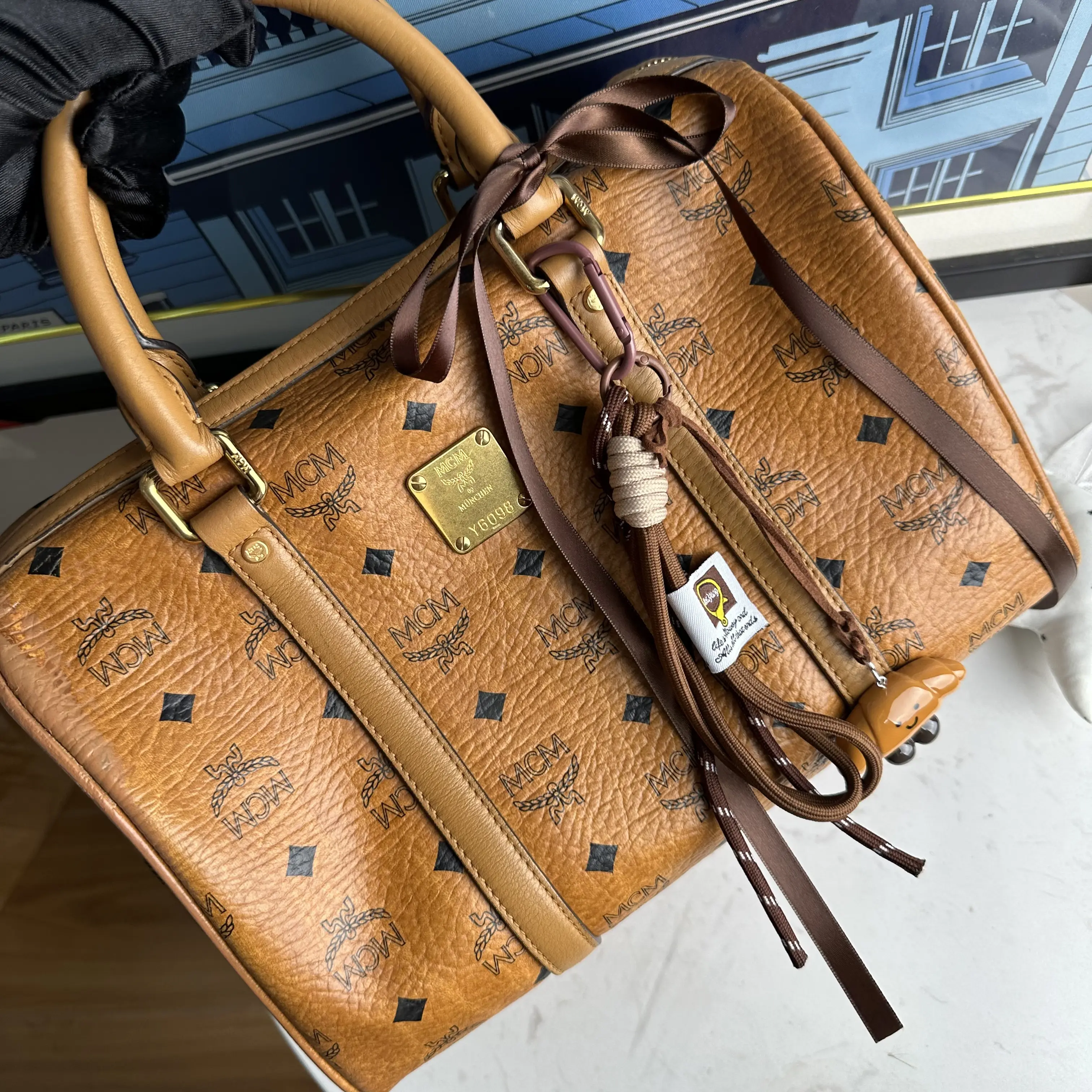 Pre-owned MCM Cognac Embossed Boston Handbag a220