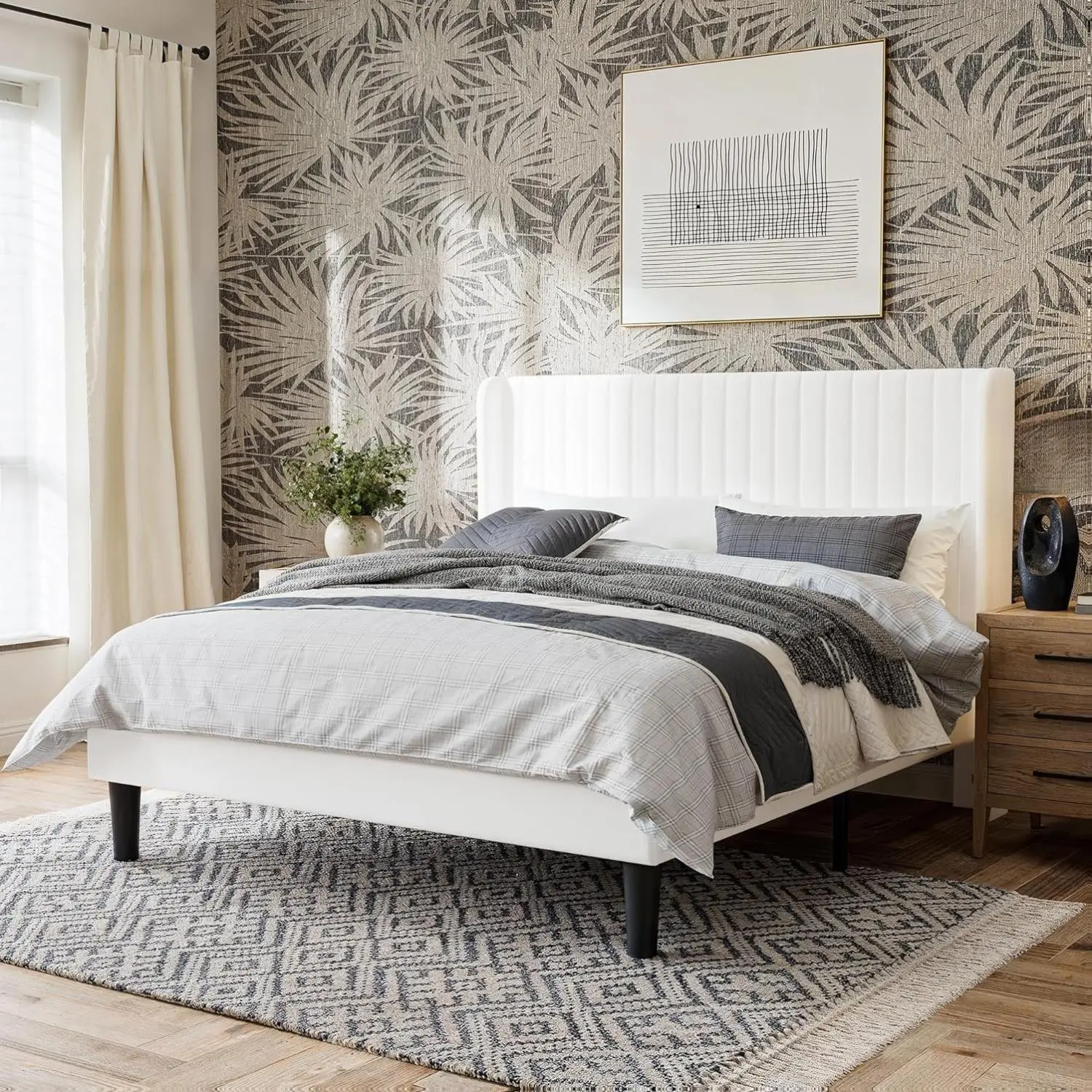 GOLDORO Platform Bed Frame Upholstered Vertical Channel Tufted Wingback Headboard Wooden Slats Support No Box Spring Needed Easy Assembly Noise-Free Structure