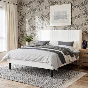 GOLDORO Platform Bed Frame Upholstered Vertical Channel Tufted Wingback Headboard Wooden Slats Support No Box Spring Needed Easy Assembly Noise-Free Structure