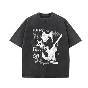 Vintage Washed Black Unisex T-Shirt – Rock Cat Playing Guitar Graphic, Oversized Fit for Outdoor Streetwear & Punk Aesthetic