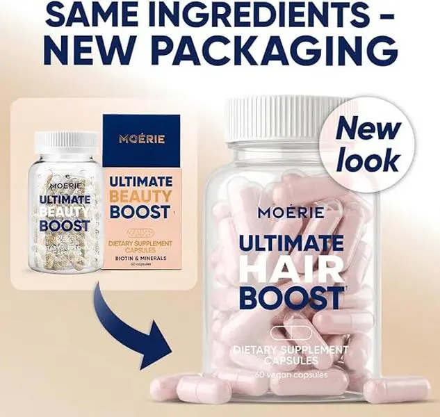 Moerie Ultimate Hair Boost Supplement for Women & Men - Hair, Skin, Nails Vitamins with Biotin & Minerals for Hair Health - Thicker Hair - 60 Capsules