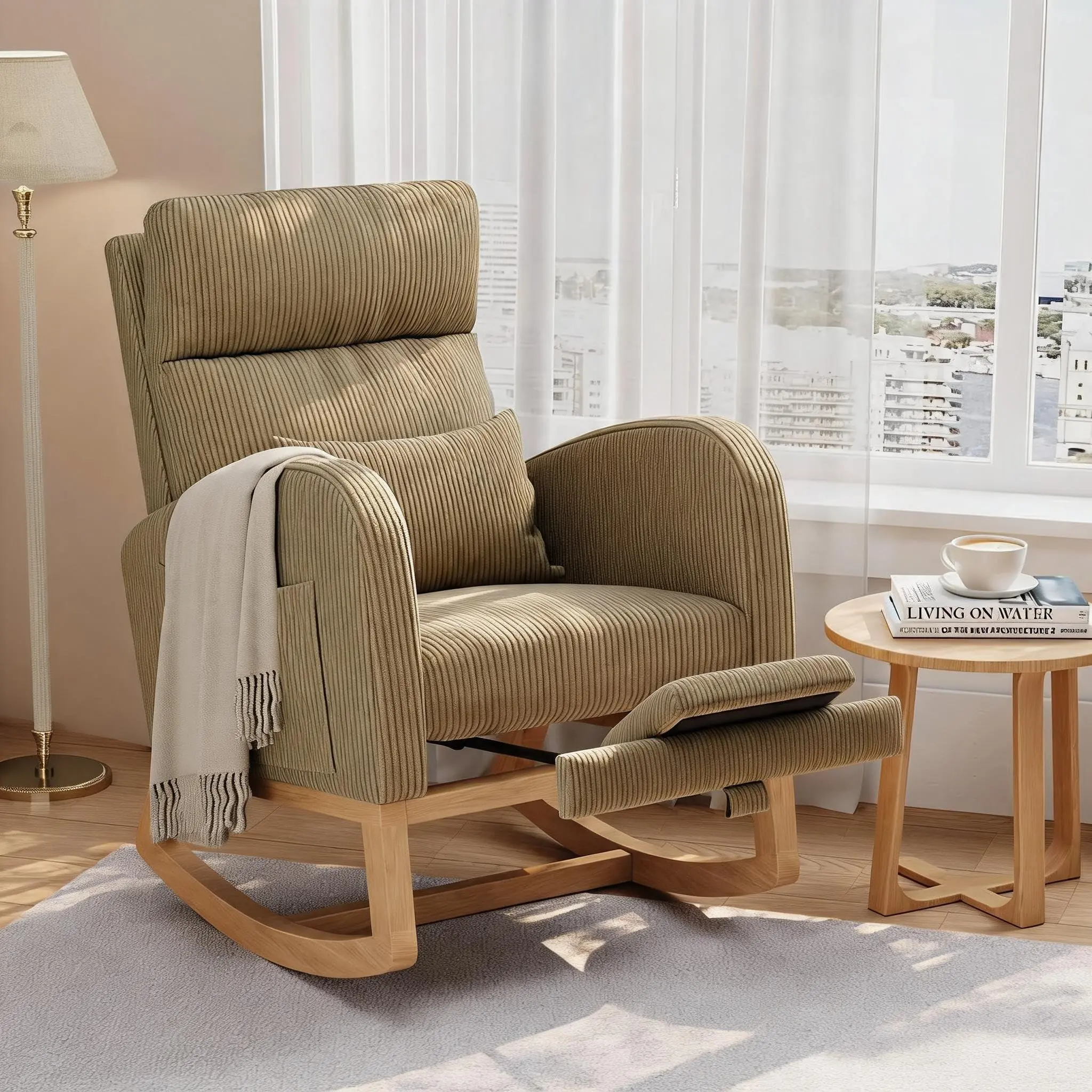 Nursery Rocking Chair, Glider Chair with Footrest, Light Brown | Modern Corduroy Upholstered Rocking Chair with Side Pocket and Pillow, Rocker Chair for Bedroom Living Room Nursing Room