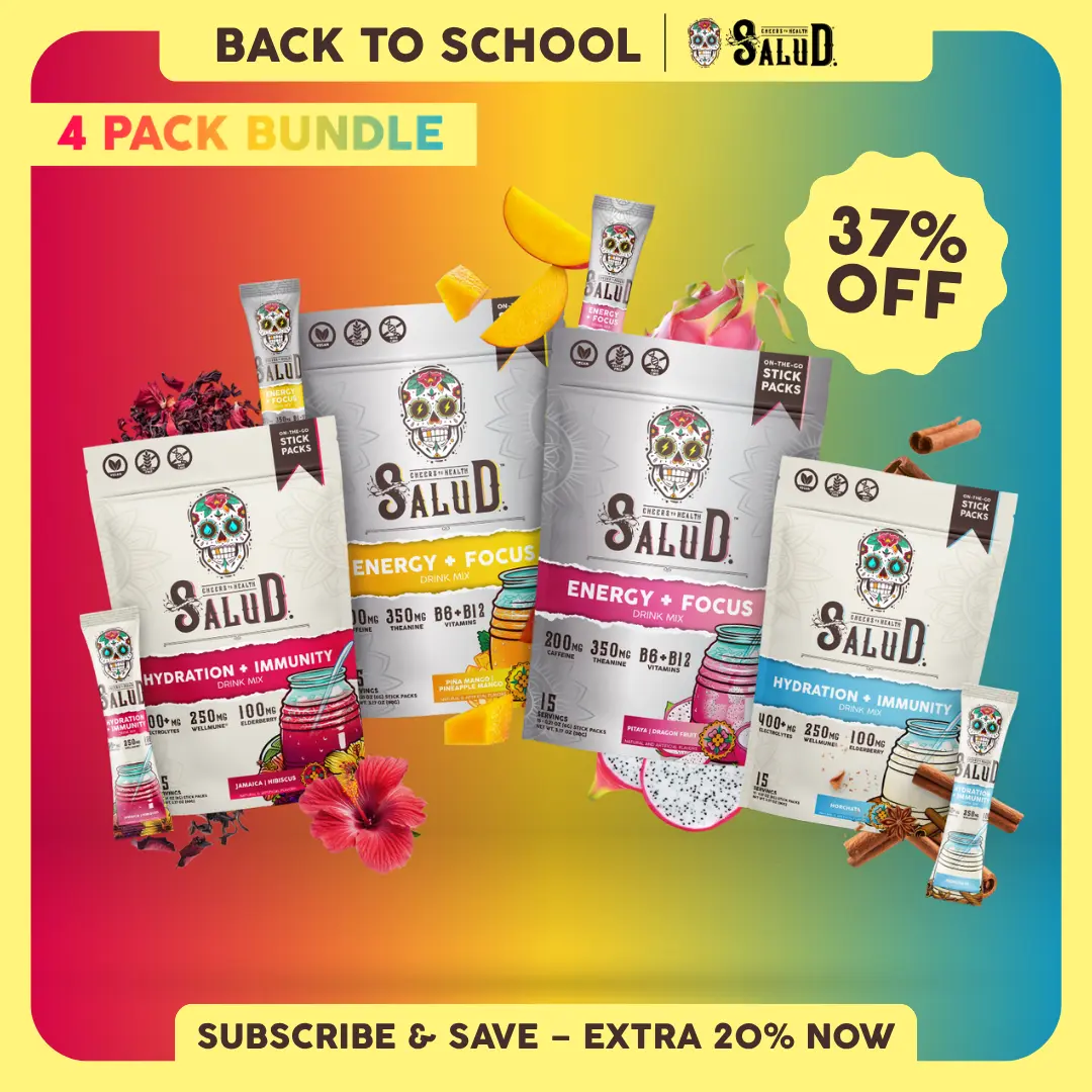 Salud 2-in-1 [Starter - All-In-One] Agua Fresca Drink Mix, Energy + Focus & Hydration + Immunity, Organic Caffeine, B6 & B12, Electrolytes, Elderberry, Non-GMO, Vegan, 1g Sugar (4-Pack, 60 Servings)