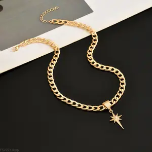 Women Y2K Star Pendant Choker Necklace Gold Silver Plated Cuban Curb Chain Stylish Layering Wrist Accessory