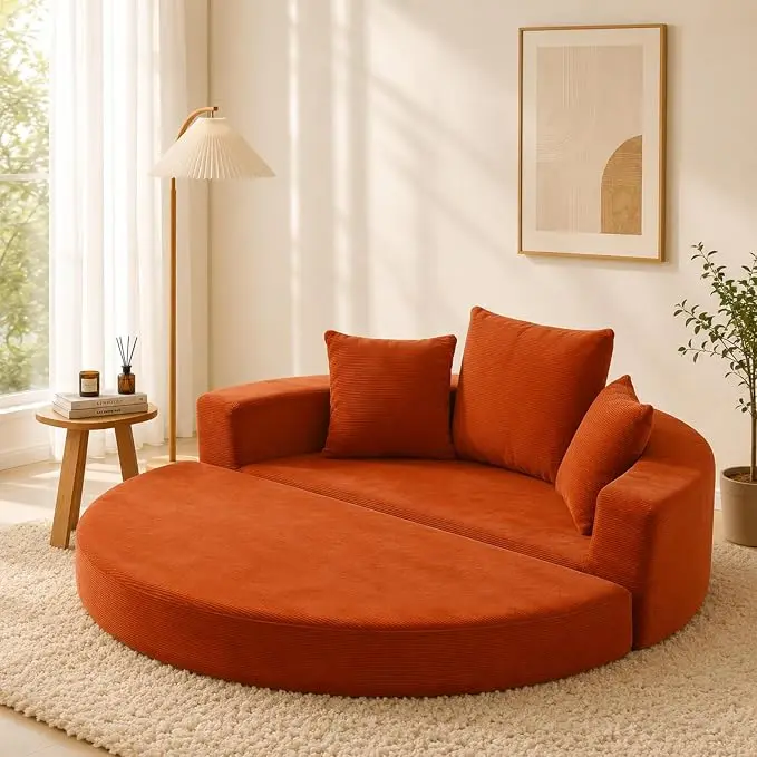 67" W Convertible Folding Sofa Bed with 3 Pillow,Orange | Circular Boneless Couch Floor Sleeper Chaise Lounge for Living Room Bedroom