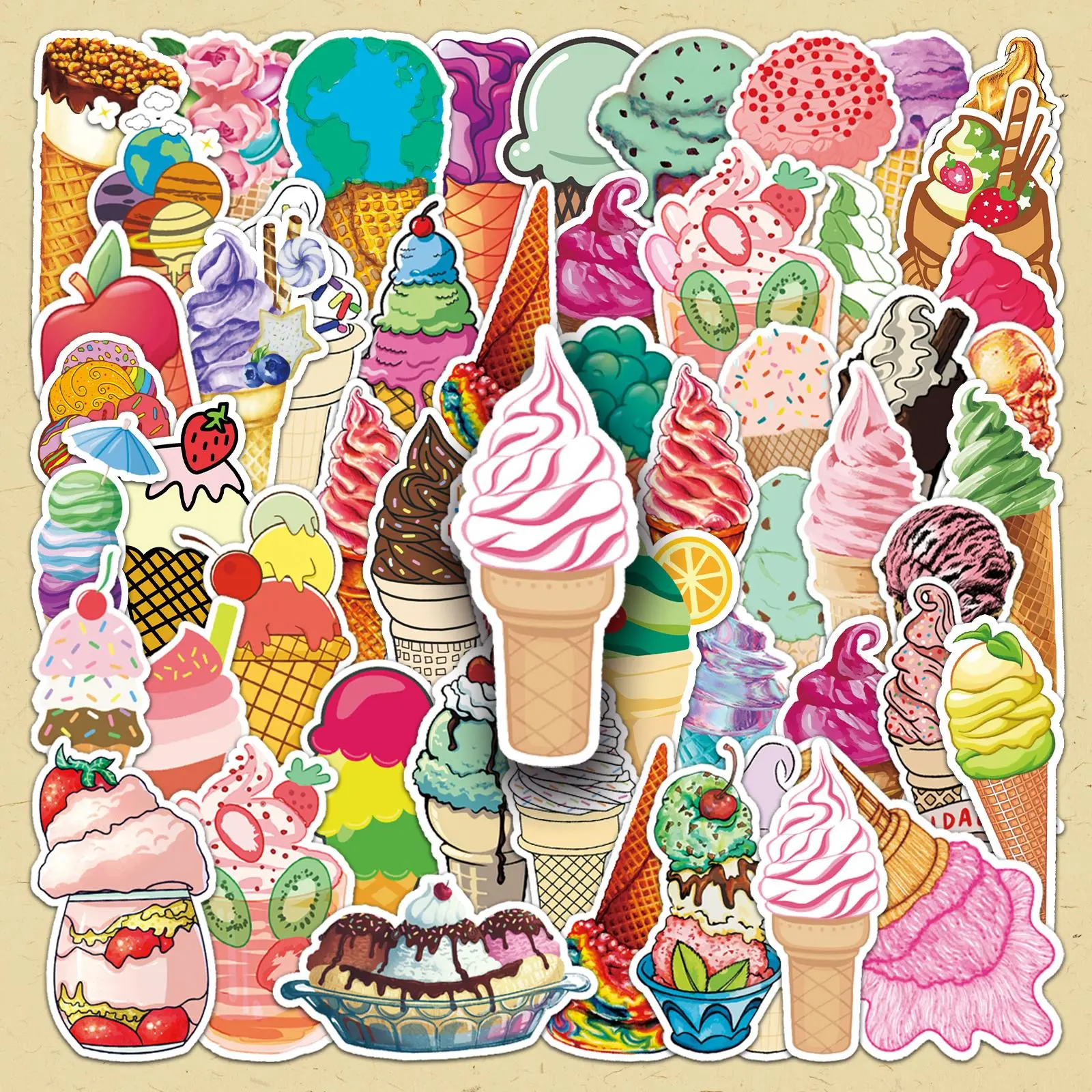 Ice Cream Pattern Sticker, 50pcs/set Colorful Cartoon Dessert Decals, Funny Stickers, DIY Decorative Stickers for Cute Scrapbooking, Journaling, Gift Wrapping