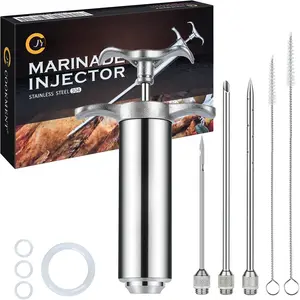 Meat Injector  - Flavor Injector with 3 Stainless Steel Professional ;2pcs Cleaning Brush for BBQ Grill  2-oz Large Capacity Barrel