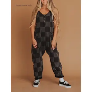 Women's Fashion Plaid Color Block Tank Jumpsuit - Oversized Comfortable Casual Fun Women's Jumpsuit