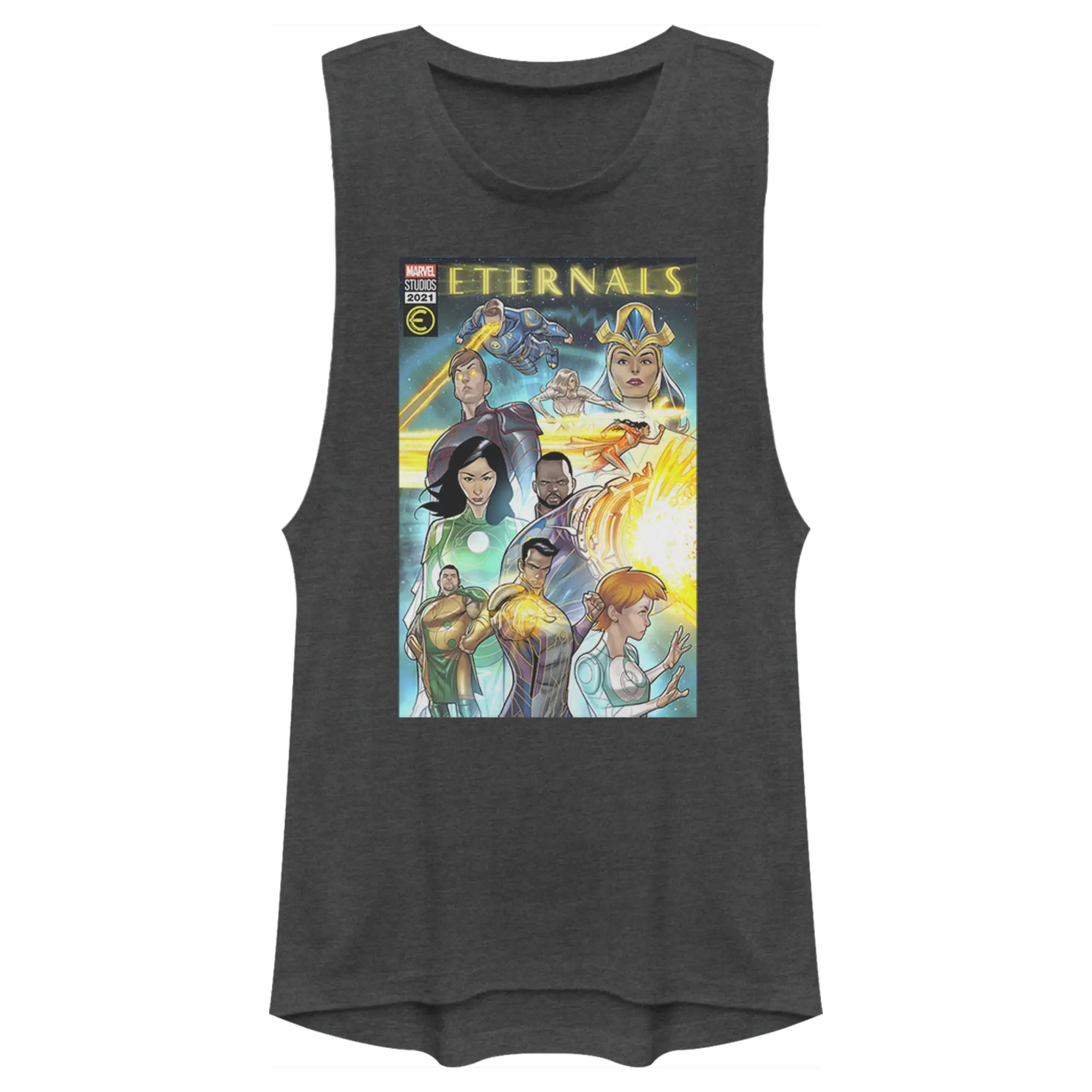 Juniors Womens Marvel Eternals Comic Book Cover Festival Muscle Tee