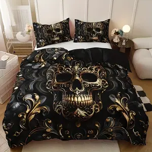 3-Piece Skull Print Bedding Set, Includes Duvet Cover & Pillowcases, Breathable Fabric, All-Season Use, Easy Care, Perfect Gift