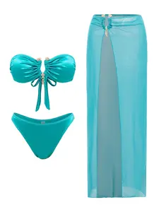 Women's Blue Bikini Set, High Waist Mesh Beach Dress, Sexy Ladies Vacation/beach Swimsuit, Three-Piece Swimwear