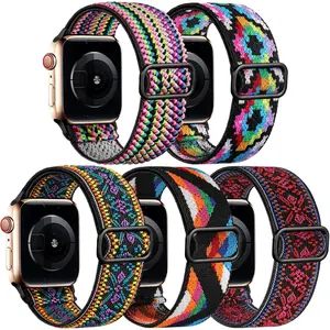 *WBA-081- ZC 5 Pack Stretchy Bands Compatible with Apple Watch 38mm 40mm 41mm 42mm 44mm 45mm 46mm 49mm Women, Elastic Fabric Nylon Strap Wristband for iWatch SE Series 10 9 8 7 6 5 4 37 Ultra Boho Solo Loop