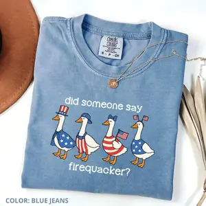 Comfort Colors Firequacker Goose Shirt, Funny 4th of July Tee, Patriotic American Flag T-Shirt, Cute Goose Graphic Shirt, USA Holiday Top