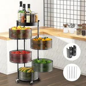 Kitchen fruit and vegetable basket and bowl rack, five - layer rotating storage rack cart with a metal lid on the top, double fixing devices and metal support wheels