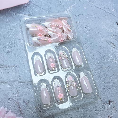 24 Pcs French Tip Press on Nails Medium Almond Fake Nails with 3D Flower Butterfly Pearl Diamond Designs Bow Charms False Nails Stick on Nails Full Cover Glossy Artificial Nails for Women