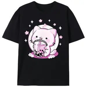 Love A Kawaii Cat Drinking Boba Ice Tea Cute Fun T-Shirt National Iced Tea Day T-shirt 100% Pure Cotton Gift For Men Women Dad Mom and Friends Black 180g Fabric Weight Round Neck Top