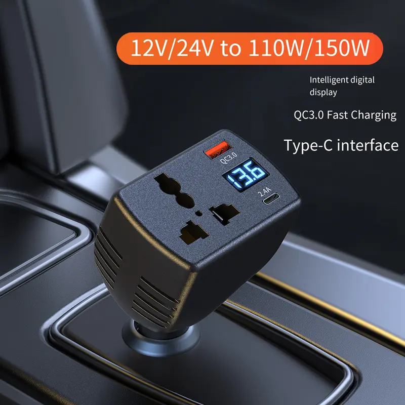 Nuokaiqi 12V to 110V 150W Car Power Inverter Adapter - QC3.0/PD Fast Charge, Universal Outlet Suits Most Gadgets, Compact Car Gadgets for Travelers, All Seasons Solar-Compatible Home Improvement Accessory