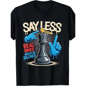 Men's & Women's Black Chess-Themed Retro Graphic T-Shirt - Say Less Real Onese in Silence Chess Piece Design, Soft Breathable Loose Fit Casual Tee, Machine Washable Round Neck Shirt for Cas Same Style for Men and Women 2026 Summer Short-sleeved