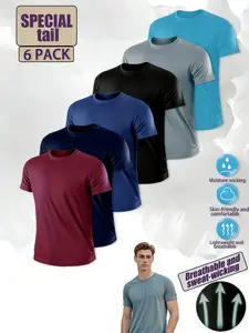 Men's Lightweight Round Neck T-Shirt Set, Quick-Dry Breathable Sweat-Wicking Shirt, Loose Fit Comfortable Fabric, 6-Piece Pack