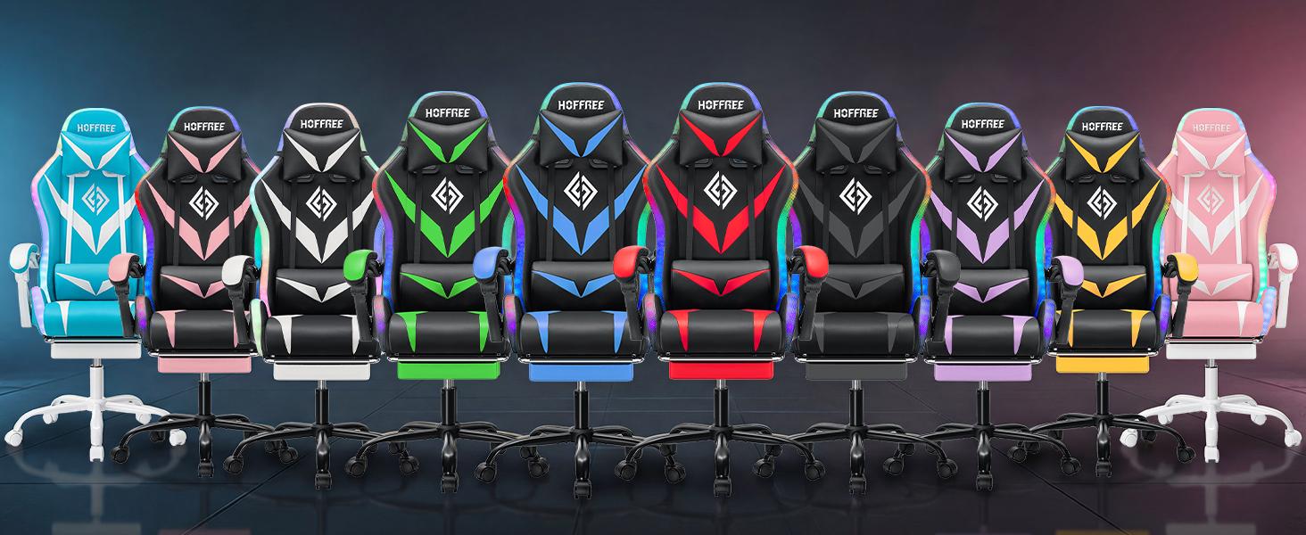 HOFFREE RGB Gaming Chair with Speakers and Massage Ergonomic Computer Chair with Lights and Footrest Reclining Video Game Chairs for Adults Red and Black