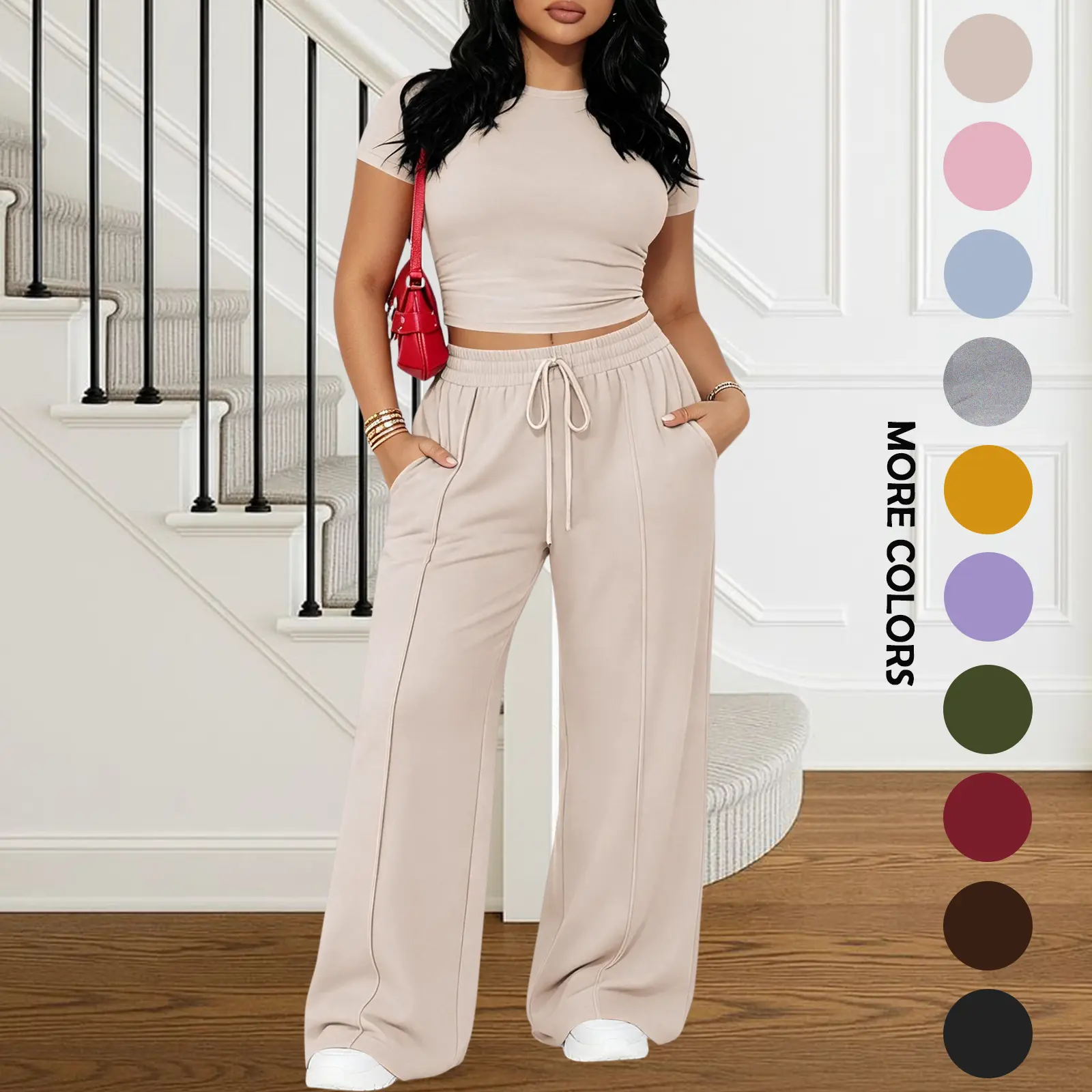 MOEENCN Women's 2-Piece Casual Outfit, Fitted Short Sleeve Crew Neck Top & High Waist Drawstring Wide Leg Pants, Comfy Loungewear for Daily Errands, Brunch & Weekend Relaxation Minimalist Womenswear