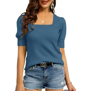 Imily Bela Womens Puff Short Sleeve Sweater Crew Neck Pullover Tops Ribbed Knit Sweater Blouse