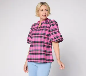 Jingle Belles by Kim Gravel Stretch Tartan Pearl Trimmed Top