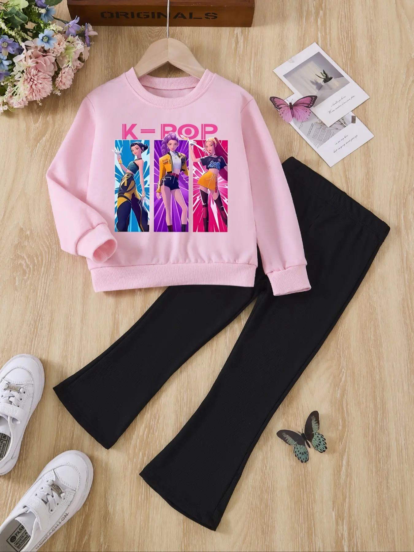 Autumn Winter New Cute Girls Fashion Cartoon Kpop Print Long Sleeve Sweatshirt Bell Bottom Pants Set, Casual Fitted Style