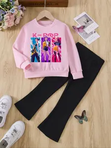 New Cute Girls' K-Pop Cartoon Print Long Sleeve Sweatshirt and Bell Bottom Pants Set, Casual Fitted Style for Autumn and Winter
