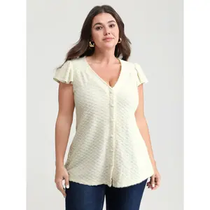 BLOOMCHIC Women's Plus Size Fit Top - Casual Spandex Fabric T-Shirt with Textured Button Detail Ruffled Sleeves [M-6X] Beige Womenswear 2026 Summer Vibes Swimweek