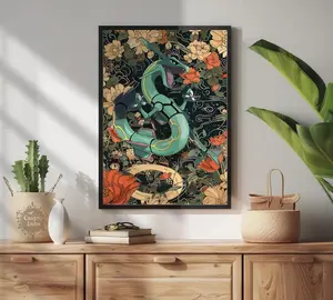 Rayquaza Poster Japanese Style Pokemon Inspired Anime Artwork - Printable Wall Art for Bedroom Decor, Pokemon Rayquaza (Frame Not Included)