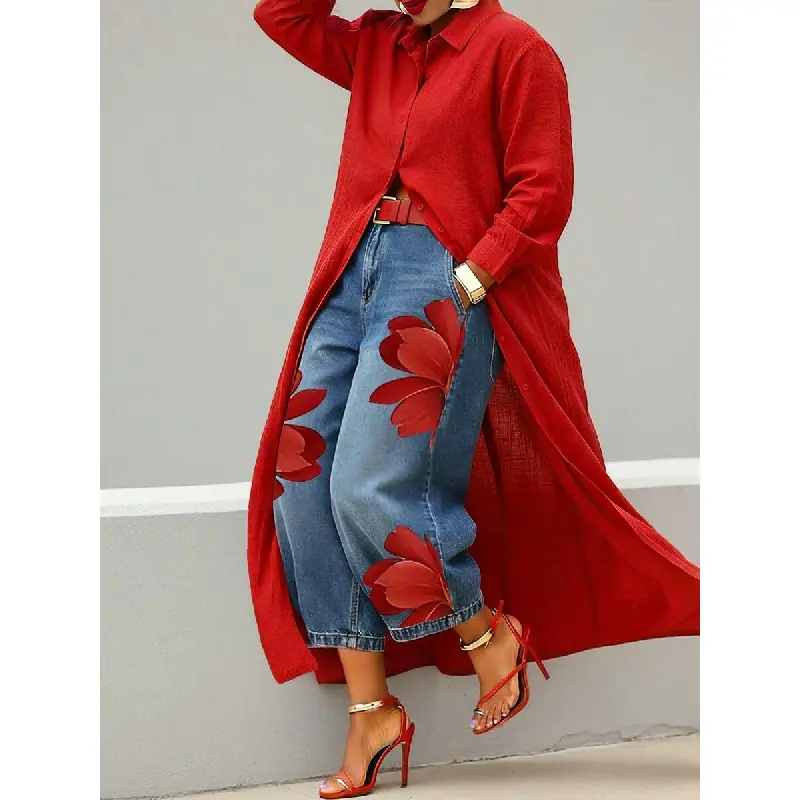 Women's Red Floral Print Cropped Jeans, Casual High-Waisted Wide-Leg Denim Jeans, Suitable For Spring, Summer And Autumn.